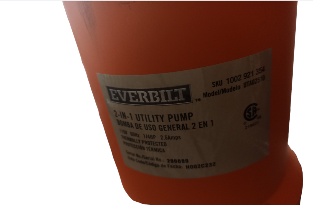 BOMBA SUMERGIBLE 2 EN 1 EVERBILT 1/4HP 26 GAL/MIN NUEVA