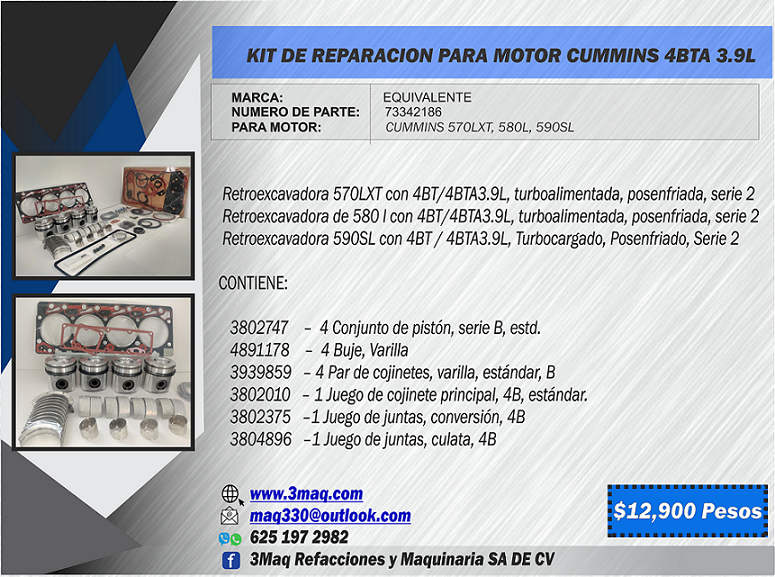 KIT PARA REPARACION DE MOTOR CUMMINS 4BTA3.9L RETROEXCAVADORA 580L, 580K