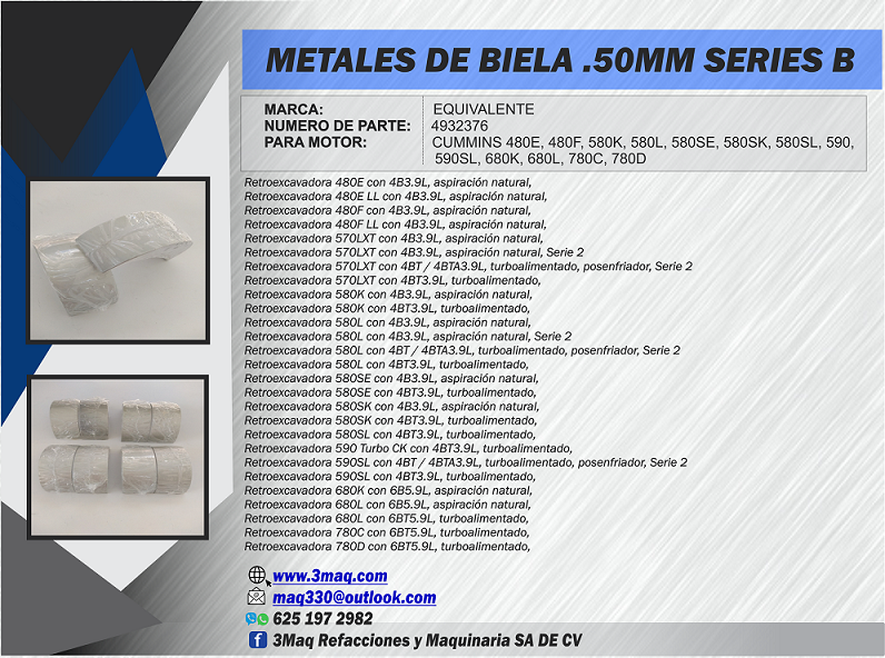 CONJUNTO DE METALES DE BIELA .50MM 4932376 PARA RETROEXCAVADORA CASE 580E, 580L, 580K